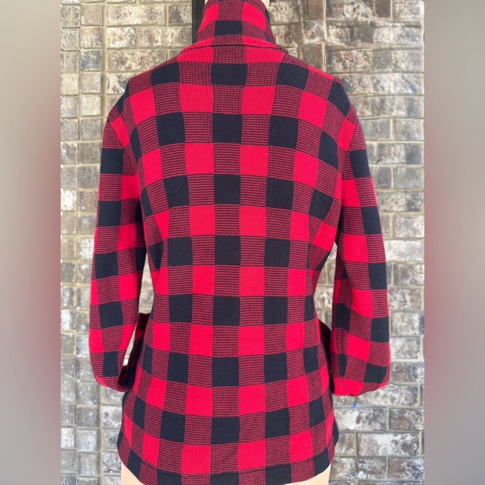 Red Black Buffalo Plaid Jacket Asymmetrical Zip Knit Small Petite - Picture 4 of 7